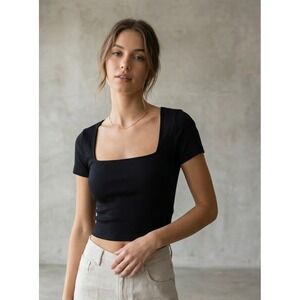 Lottie Moss Ribbed Square Neck Minimalist Cropped Short Sleeve Top‎ Black M